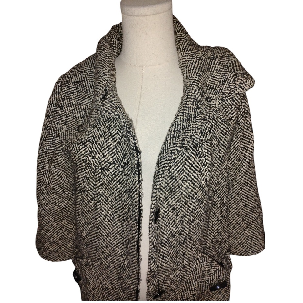 VXI Womens Herringbone Short Sleeve Button Front Coat Black White Small - Picture 2 of 5